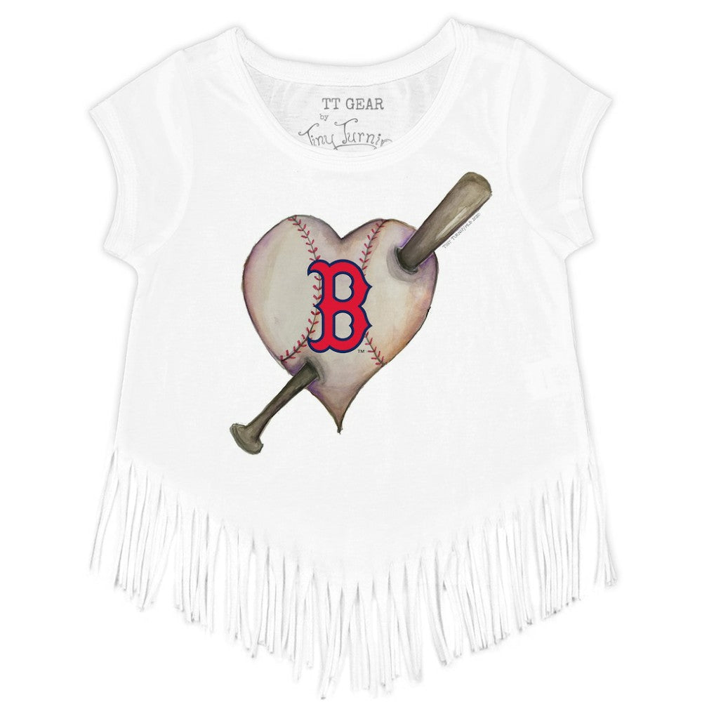 Boston Red Sox Tiny Turnip Girls Youth Heart Bat Fringe T-Shirt White