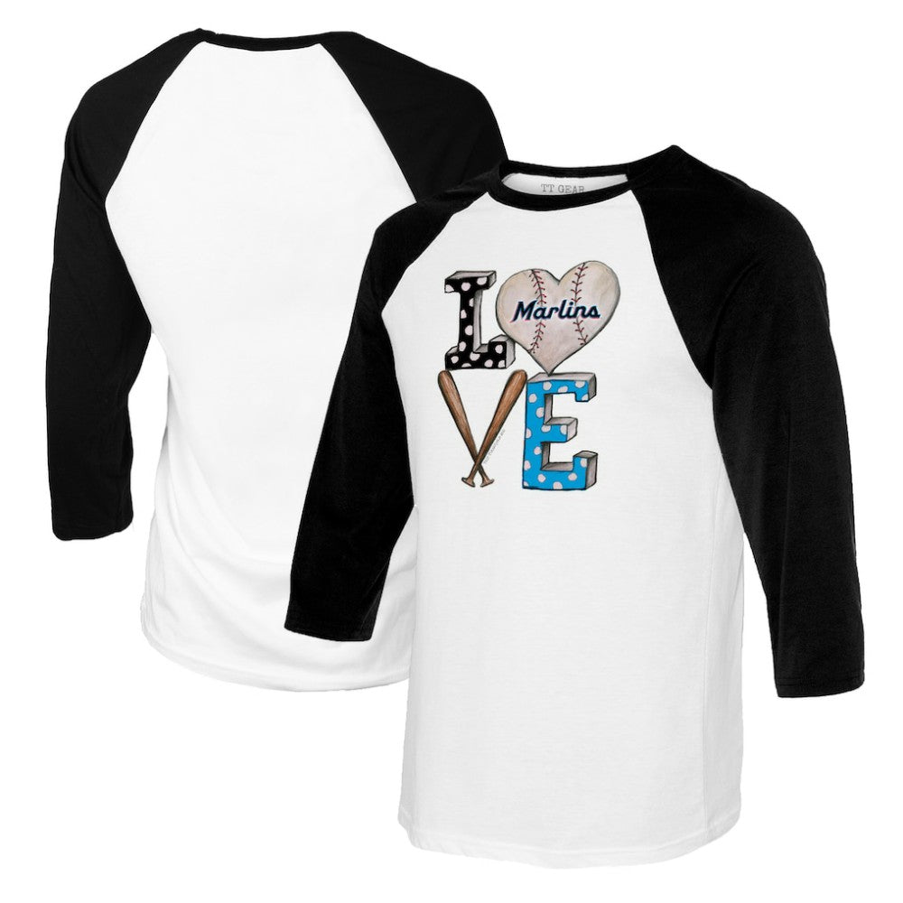 Miami Marlins Tiny Turnip Women's Baseball Love Raglan 3/4-Sleeve T-Shirt White/Black