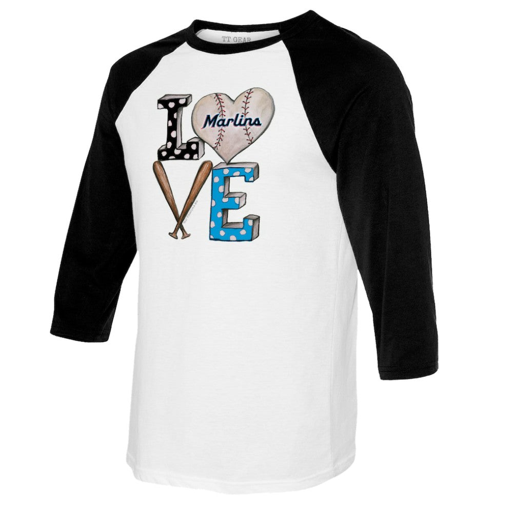 Miami Marlins Tiny Turnip Women's Baseball Love Raglan 3/4-Sleeve T-Shirt White/Black
