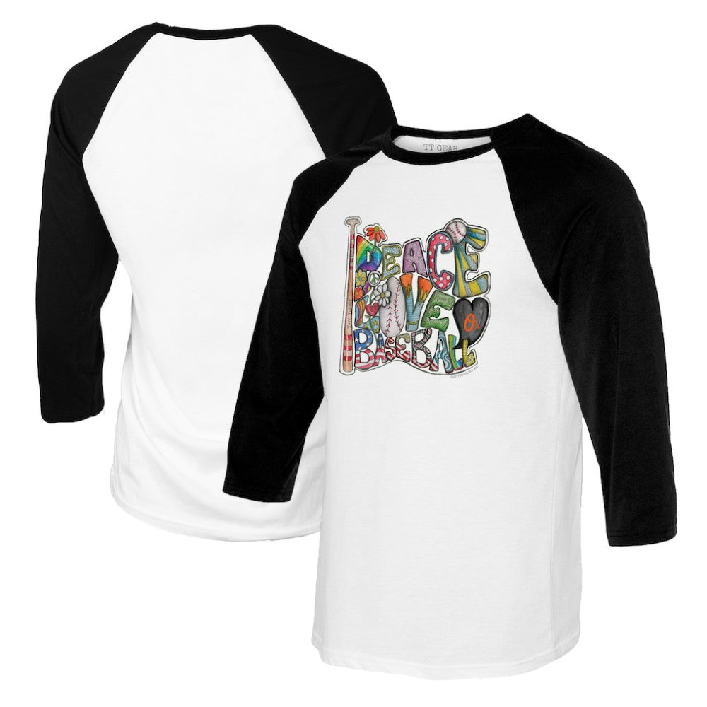 Baltimore Orioles Tiny Turnip Women's Peace Love Baseball 3/4-Sleeve Raglan T-Shirt White/Black