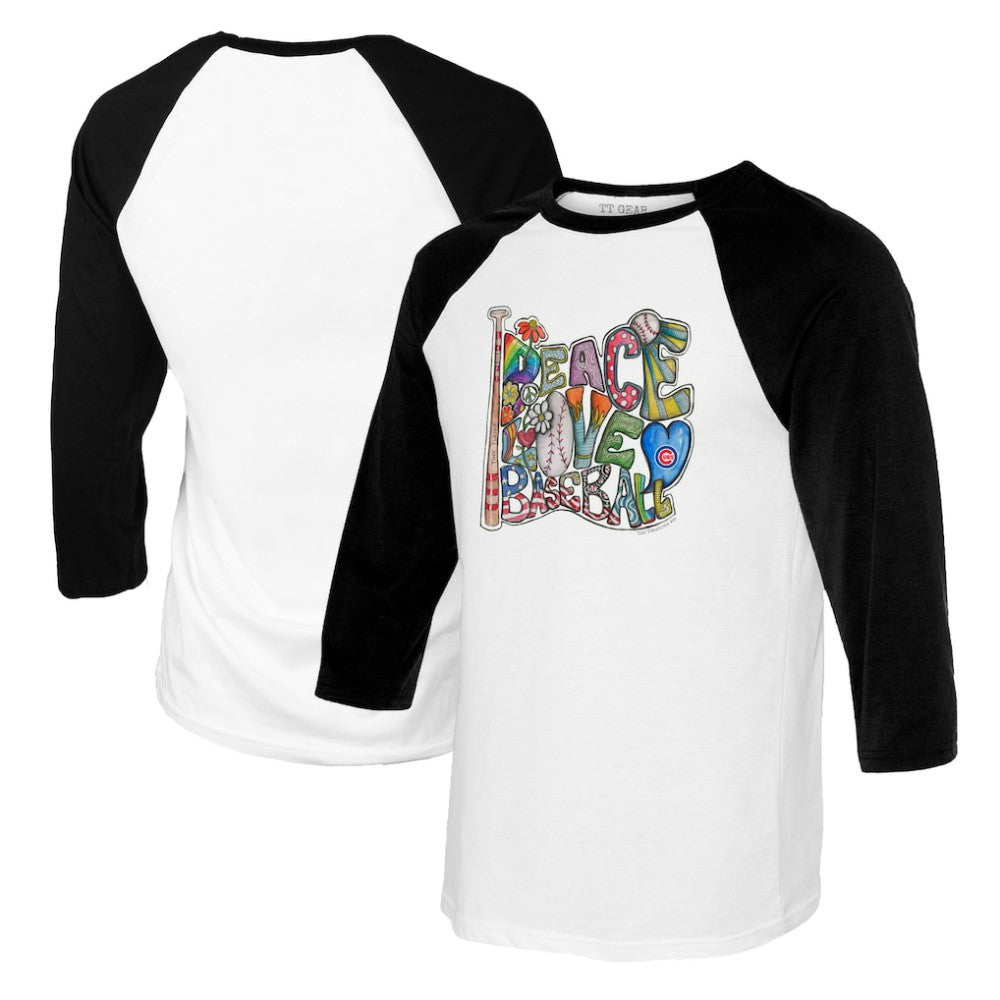Chicago Cubs Tiny Turnip Women's Peace Love Baseball 3/4-Sleeve Raglan T-Shirt White/Black