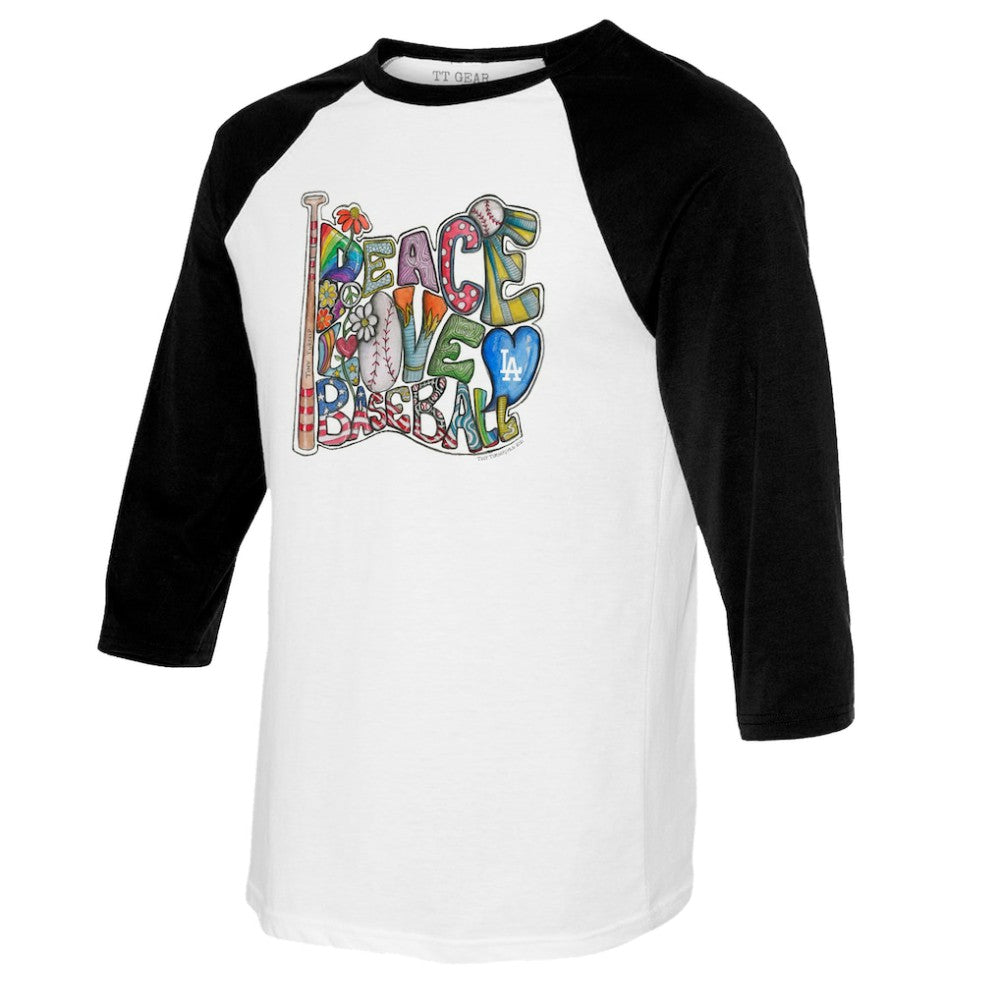 Los Angeles Dodgers Tiny Turnip Women's Peace Love Baseball 3/4-Sleeve Raglan T-Shirt White/Black