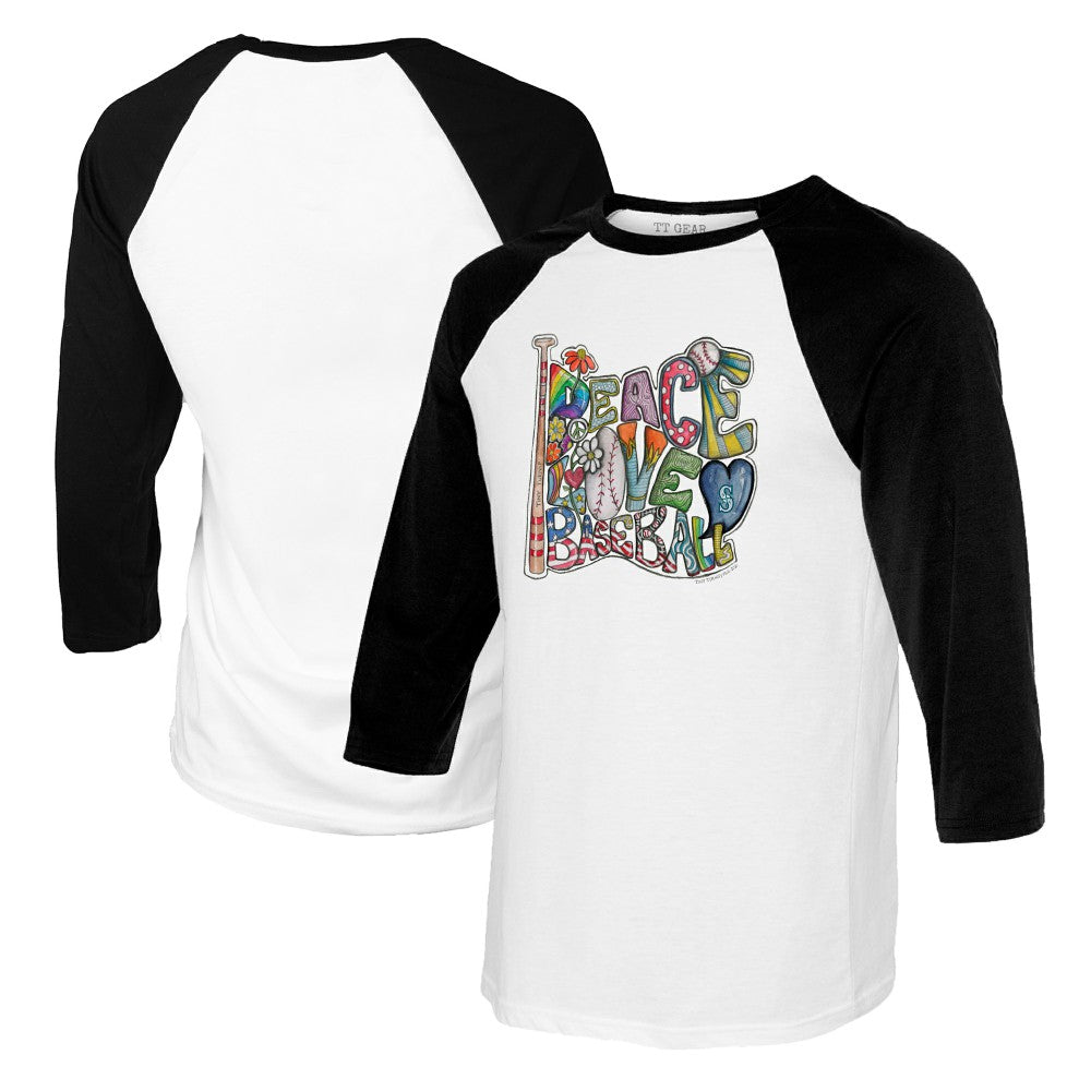Seattle Mariners Tiny Turnip Women's Peace Love Baseball 3/4-Sleeve Raglan T-Shirt White/Black