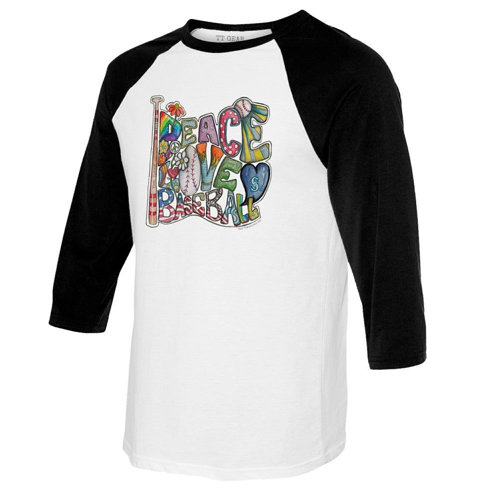 Seattle Mariners Tiny Turnip Women's Peace Love Baseball 3/4-Sleeve Raglan T-Shirt White/Black