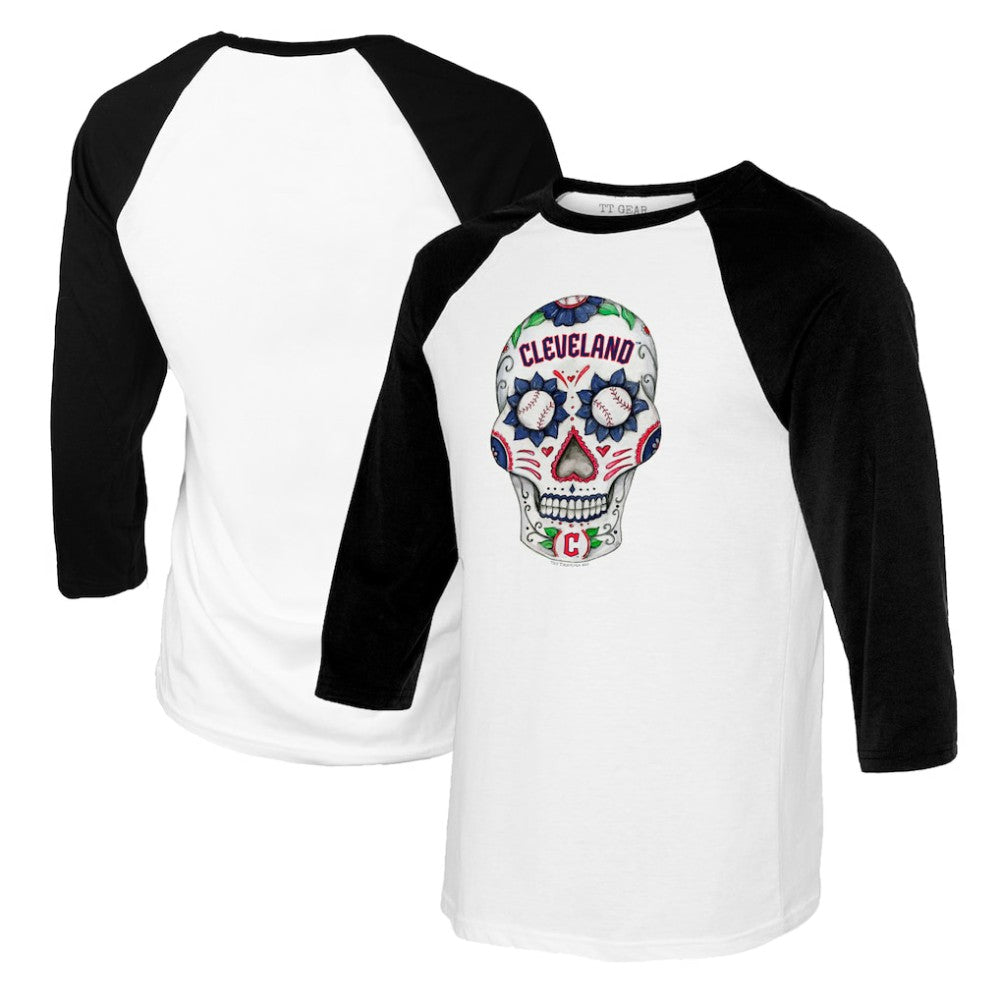 Cleveland Guardians Tiny Turnip Women's Sugar Skull 3/4-Sleeve Raglan T-Shirt White/Black