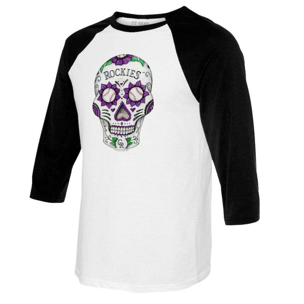 Colorado Rockies Tiny Turnip Women's Sugar Skull 3/4-Sleeve Raglan T-Shirt White/Black