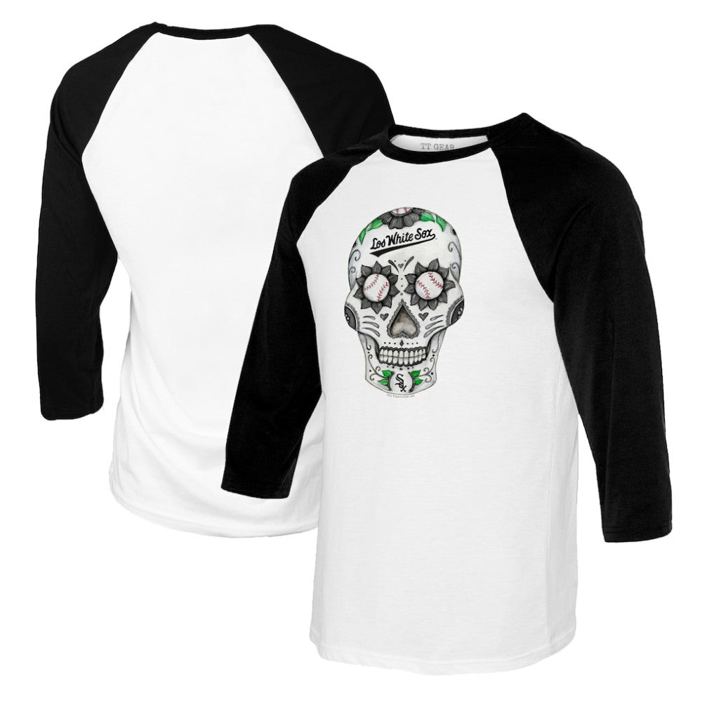 Chicago White Sox Tiny Turnip Women's Sugar Skull 3/4-Sleeve Raglan T-Shirt White/Black