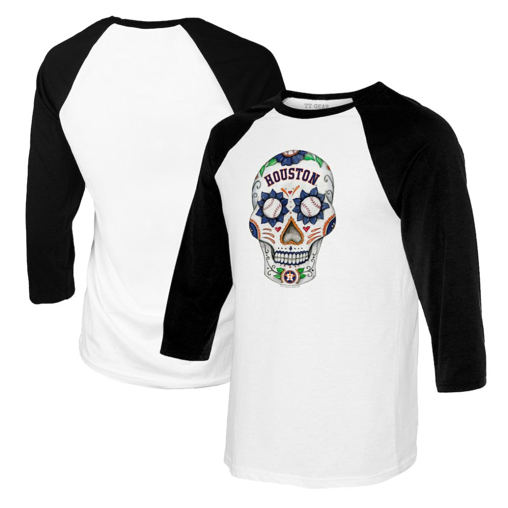 Houston Astros Tiny Turnip Women's Sugar Skull 3/4-Sleeve Raglan T-Shirt White/Black