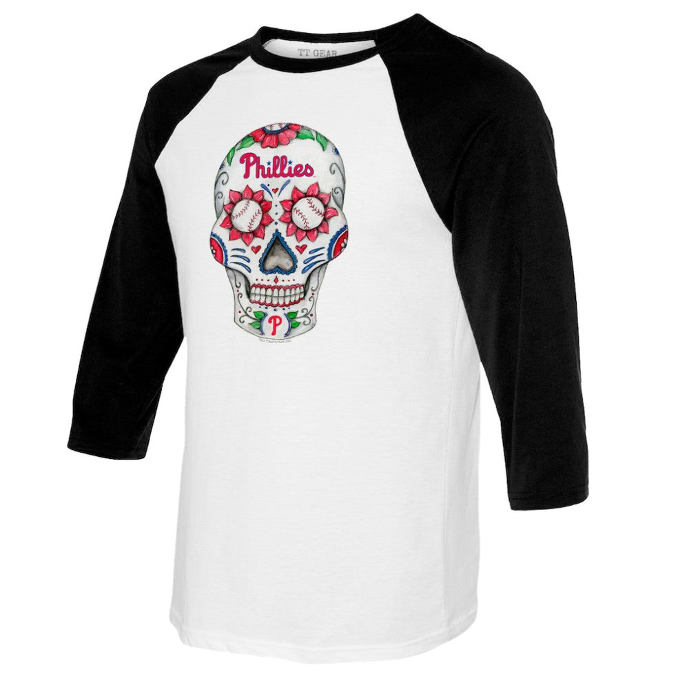Philadelphia Phillies Tiny Turnip Women's Sugar Skull 3/4-Sleeve Raglan T-Shirt White/Black