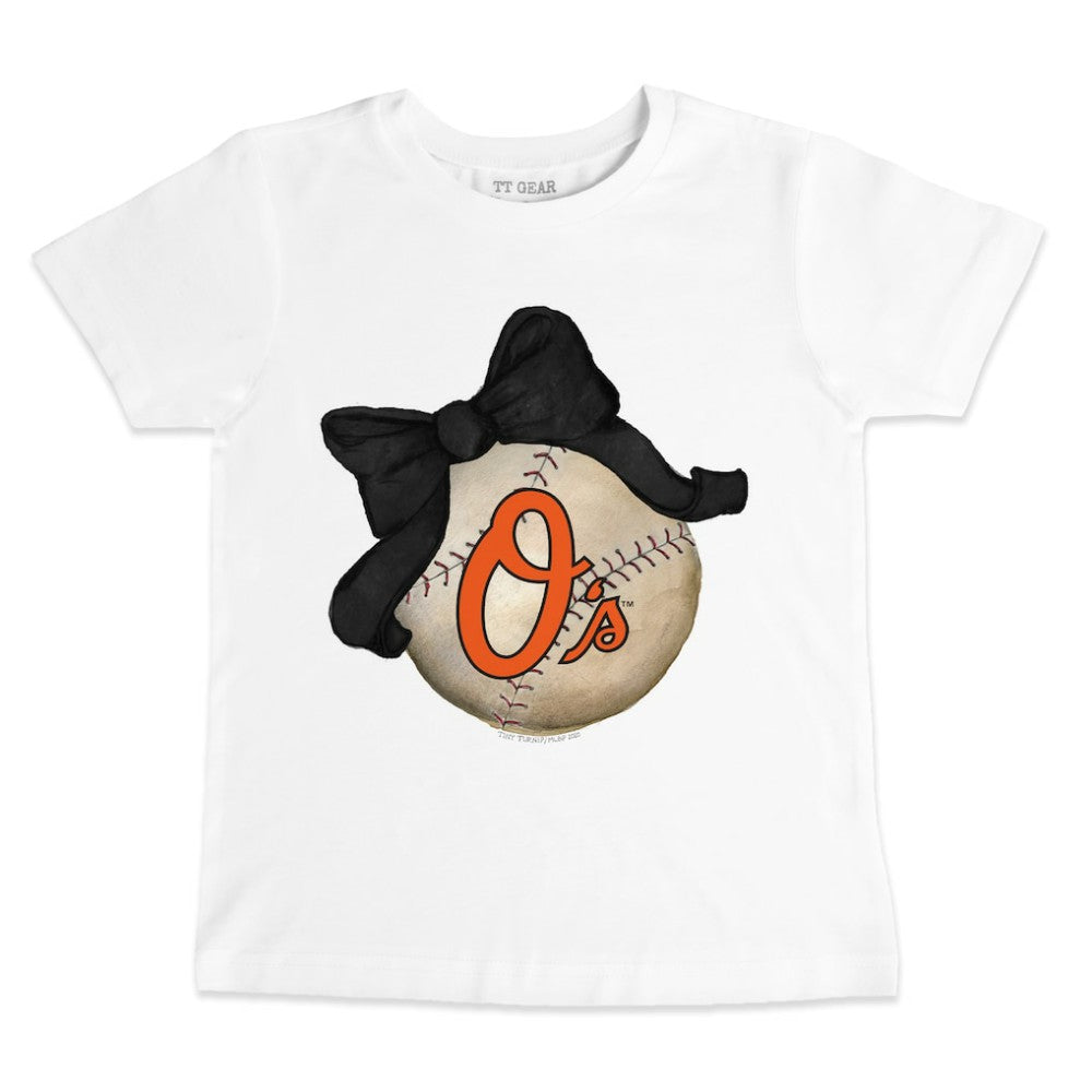 Baltimore Orioles Tiny Turnip Youth Baseball Bow T-Shirt White