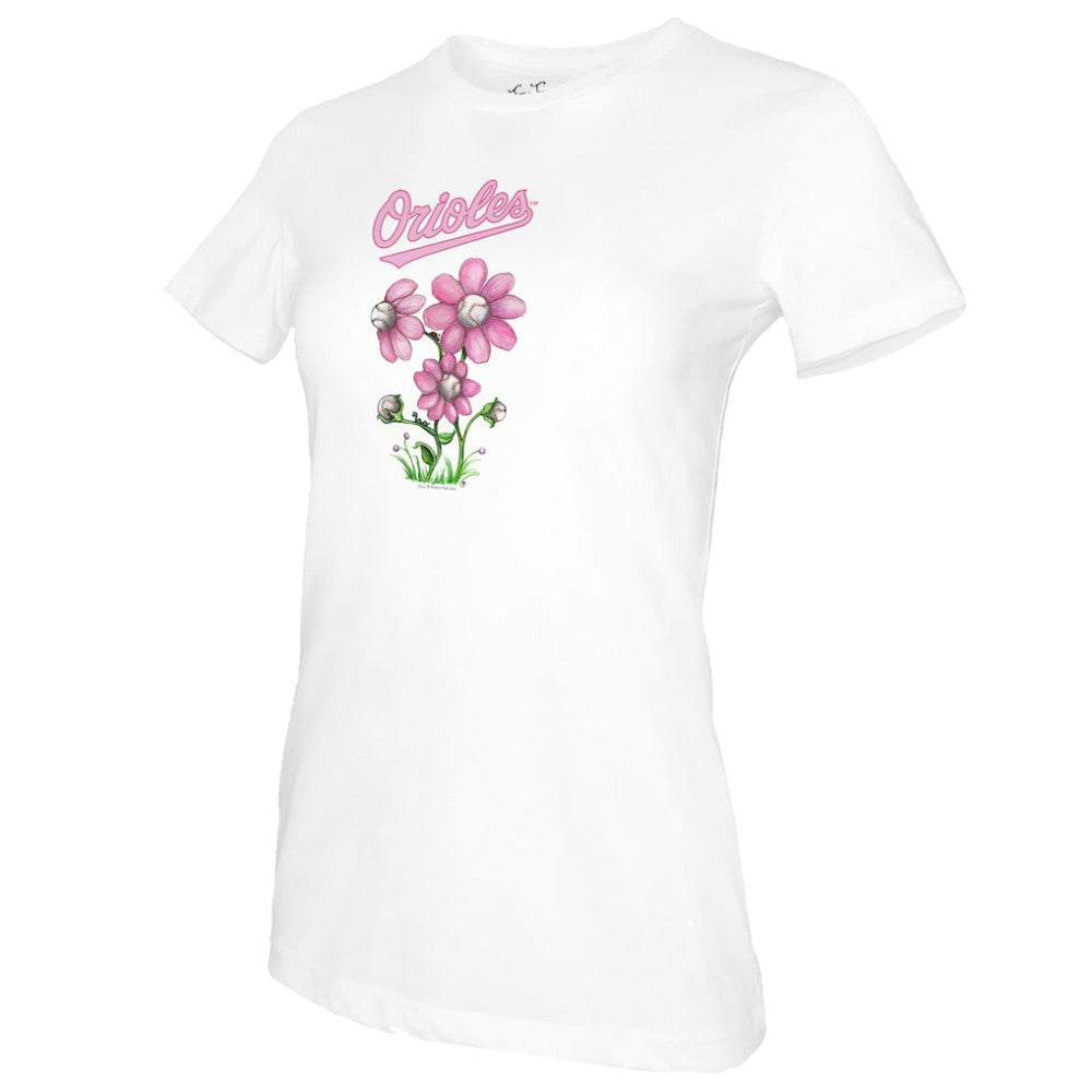 Baltimore Orioles Tiny Turnip Women's Blooming Baseballs T-Shirt White