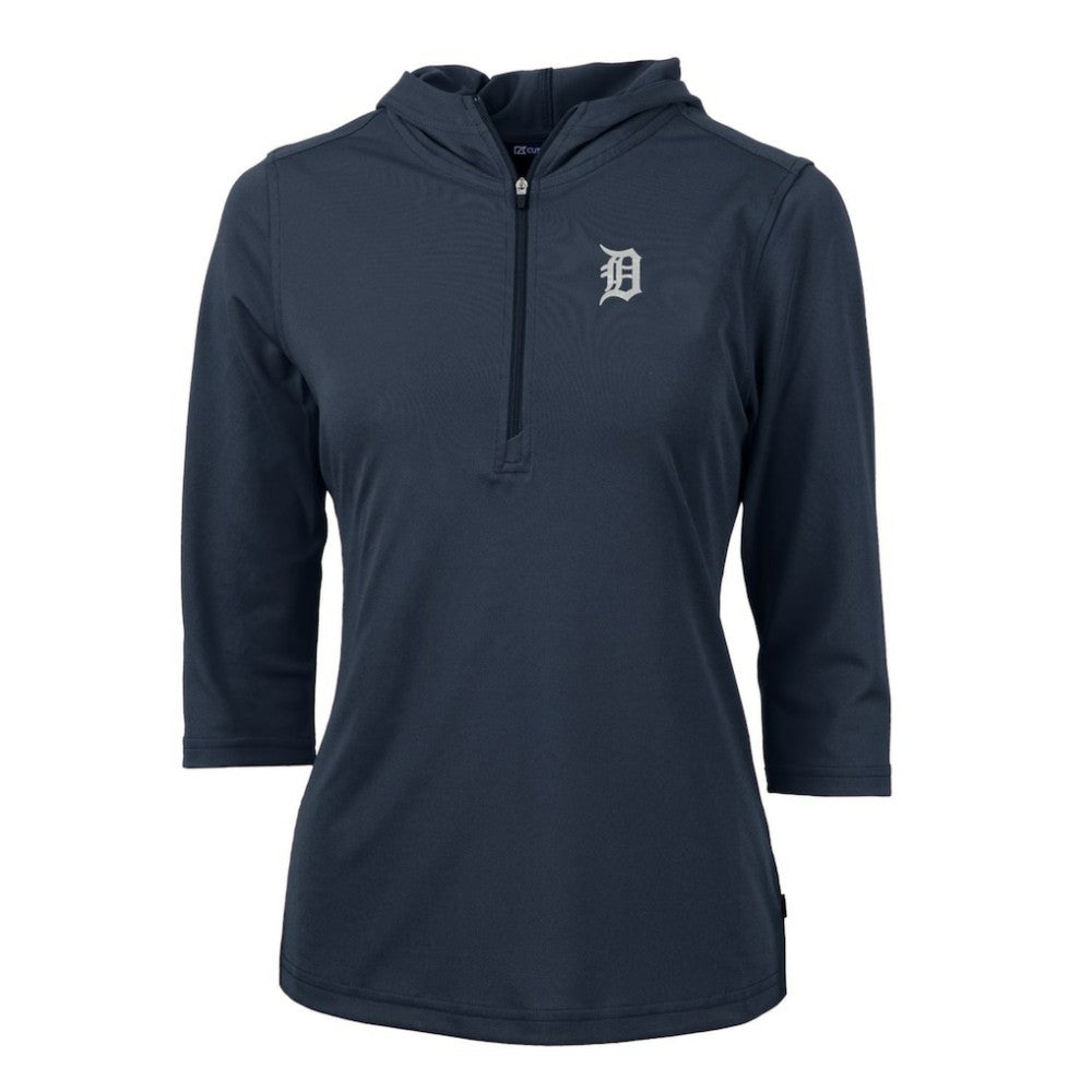Detroit Tigers Cutter & Buck Women's Virtue Eco Pique 3/4 Sleeve Half-Zip Pullover Hoodie Navy