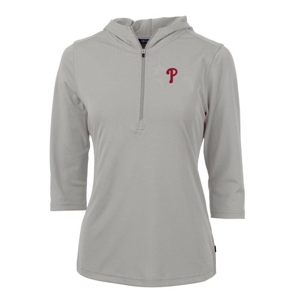 Philadelphia Phillies Cutter & Buck Women's Virtue Eco Pique 3/4 Sleeve Half-Zip Pullover Hoodie Gray