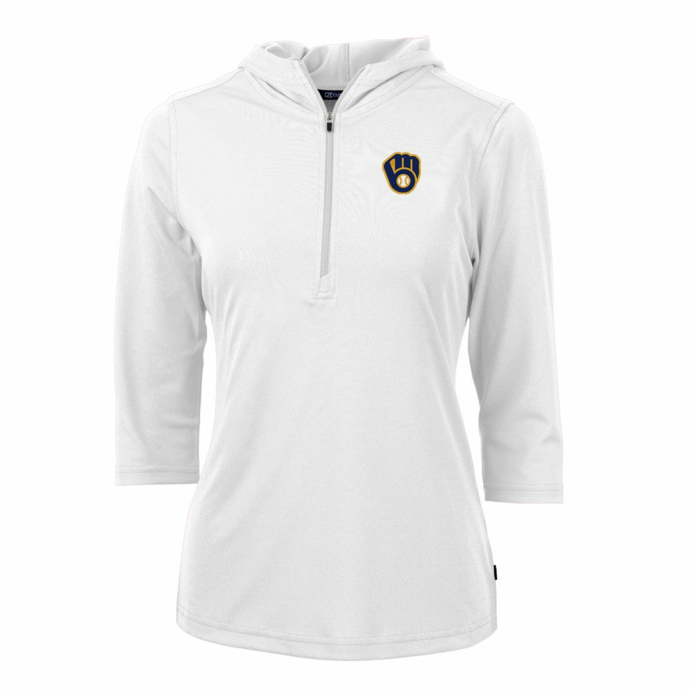 Milwaukee Brewers Cutter & Buck Women's Virtue Eco Pique 3/4 Sleeve Half-Zip Pullover Hoodie White