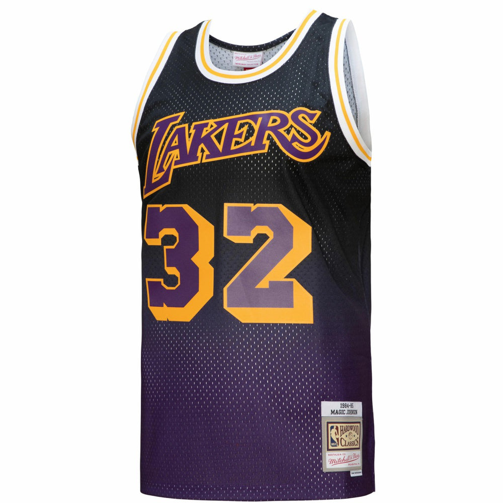 Magic Johnson Los Angeles Lakers 1984/85 Hardwood Classics Fadeaway Swingman Player Jersey - Purple/Black