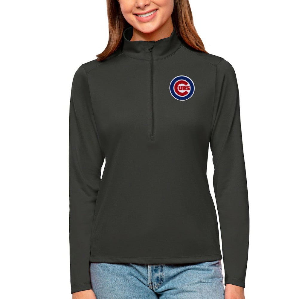 Chicago Cubs Antigua Women's Tribute Quarter-Zip Pullover Top Charcoal