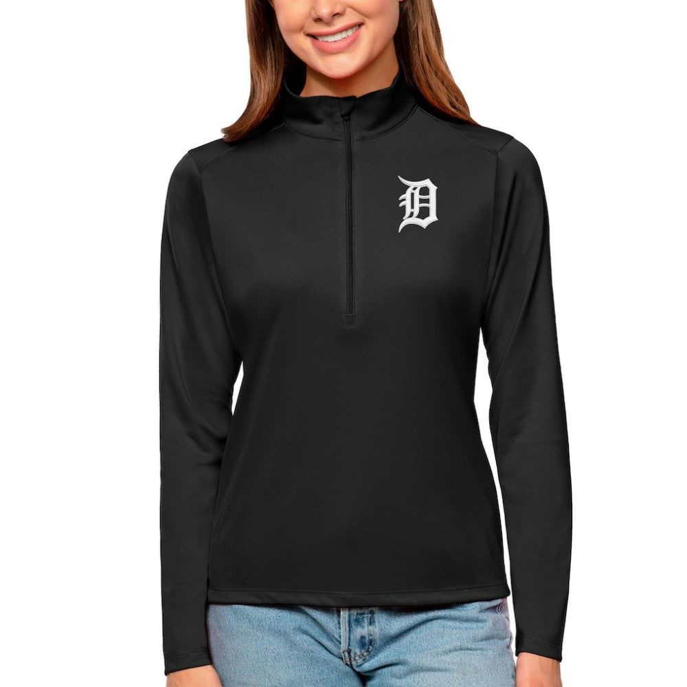 Detroit Tigers Antigua Women's Tribute Quarter-Zip Pullover Top Black