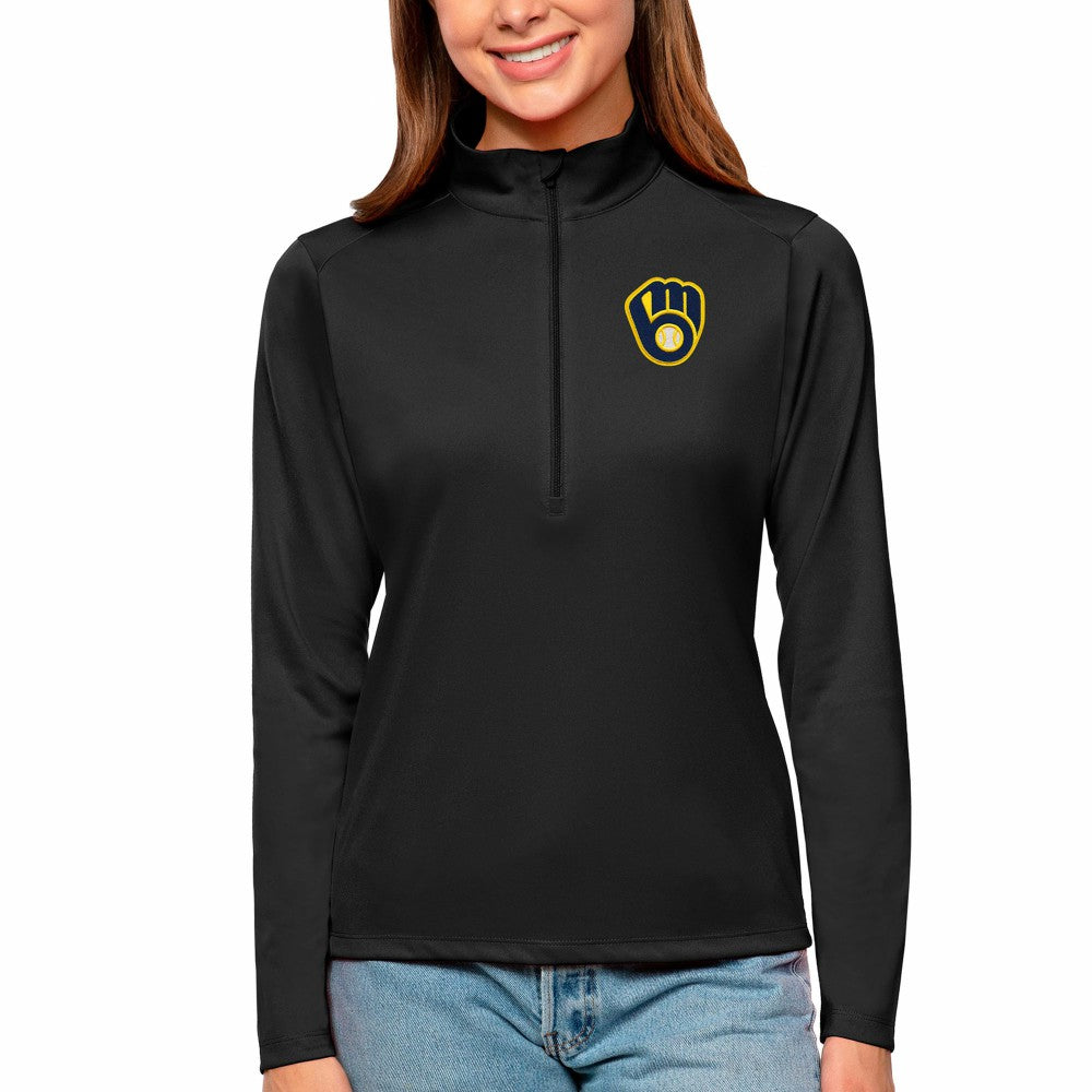 Milwaukee Brewers Antigua Women's Tribute Quarter-Zip Pullover Top Black