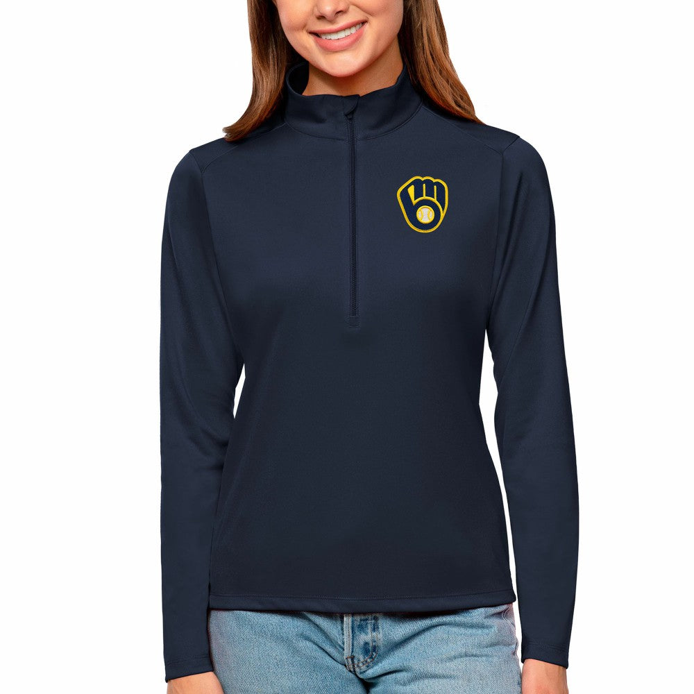 Milwaukee Brewers Antigua Women's Tribute Quarter-Zip Pullover Top Navy