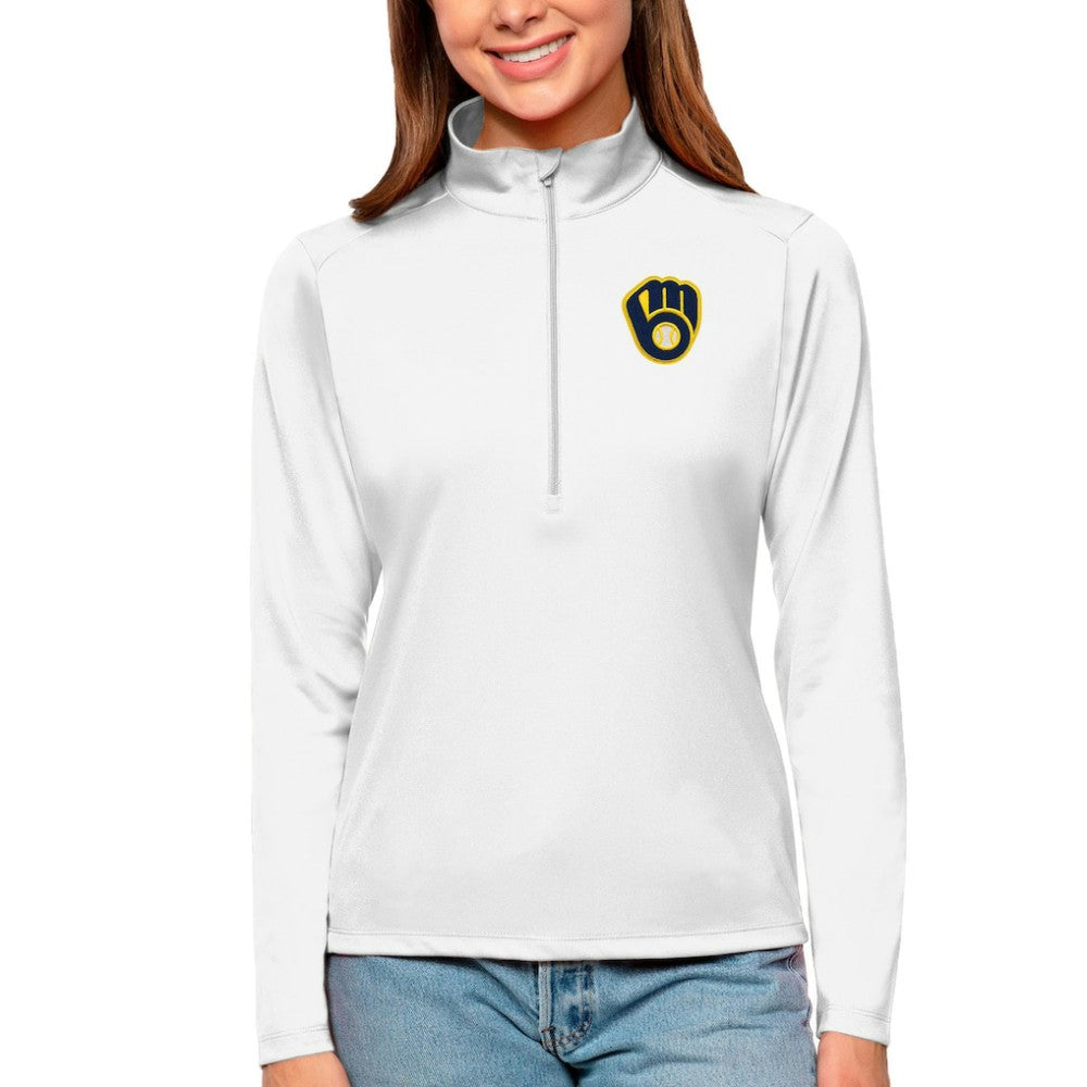Milwaukee Brewers Antigua Women's Tribute Quarter-Zip Pullover Top White
