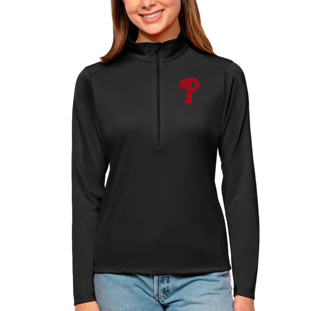 Philadelphia Phillies Antigua Women's Tribute Quarter-Zip Pullover Top Black