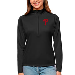 Philadelphia Phillies Antigua Women's Tribute Quarter-Zip Pullover Top Black