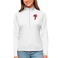 Philadelphia Phillies Antigua Women's Tribute Quarter-Zip Pullover Top White