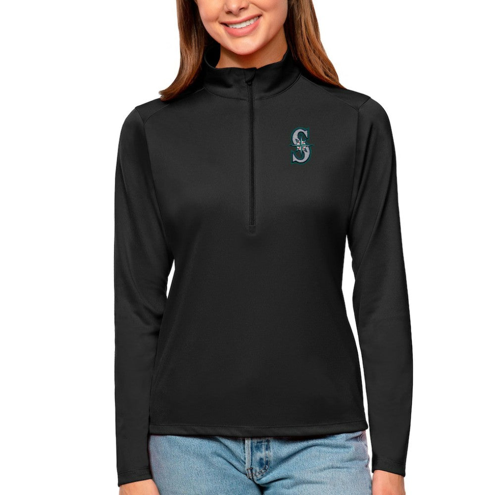 Seattle Mariners Antigua Women's Tribute Quarter-Zip Pullover Top Black