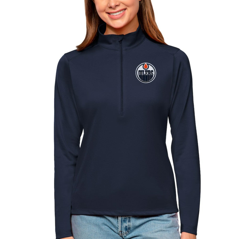 Edmonton Oilers Antigua Women's Tribute Quarter-Zip Pullover Top Navy