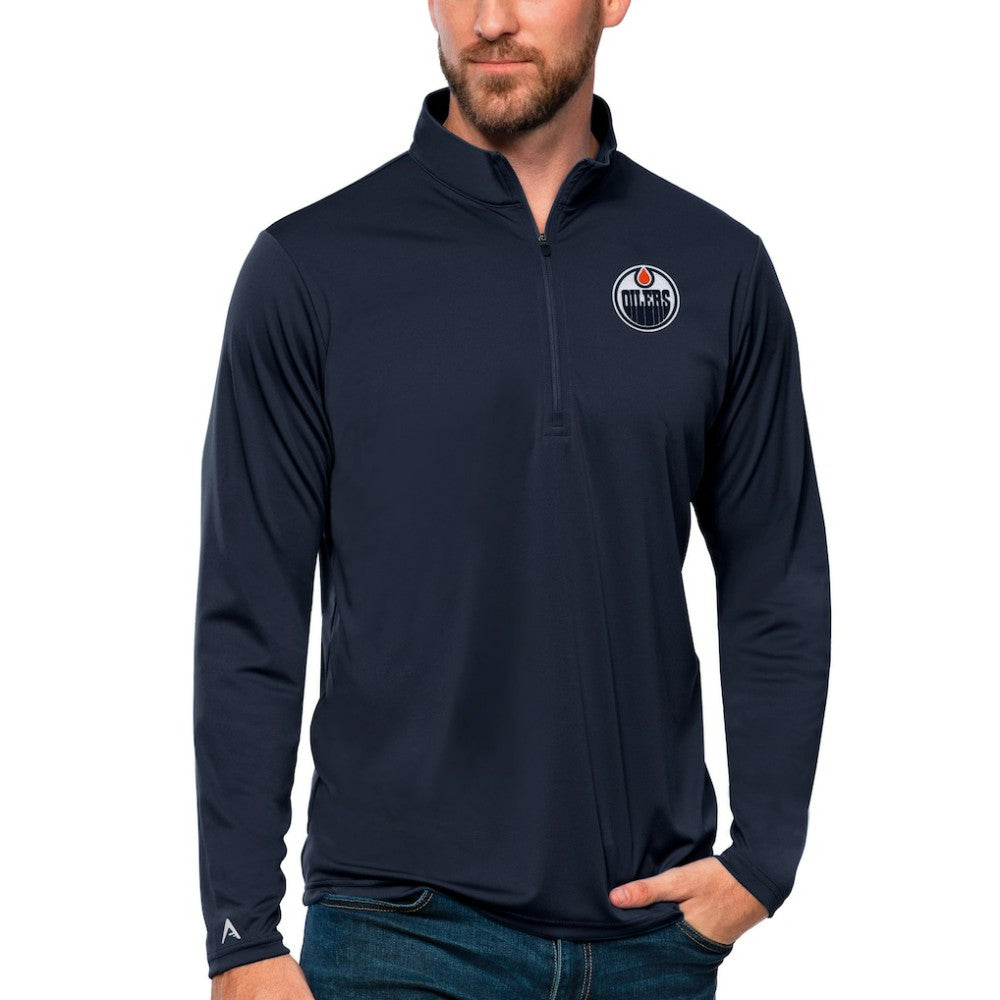 Edmonton Oilers Antigua Tribute Quarter-Zip Pullover Top Navy