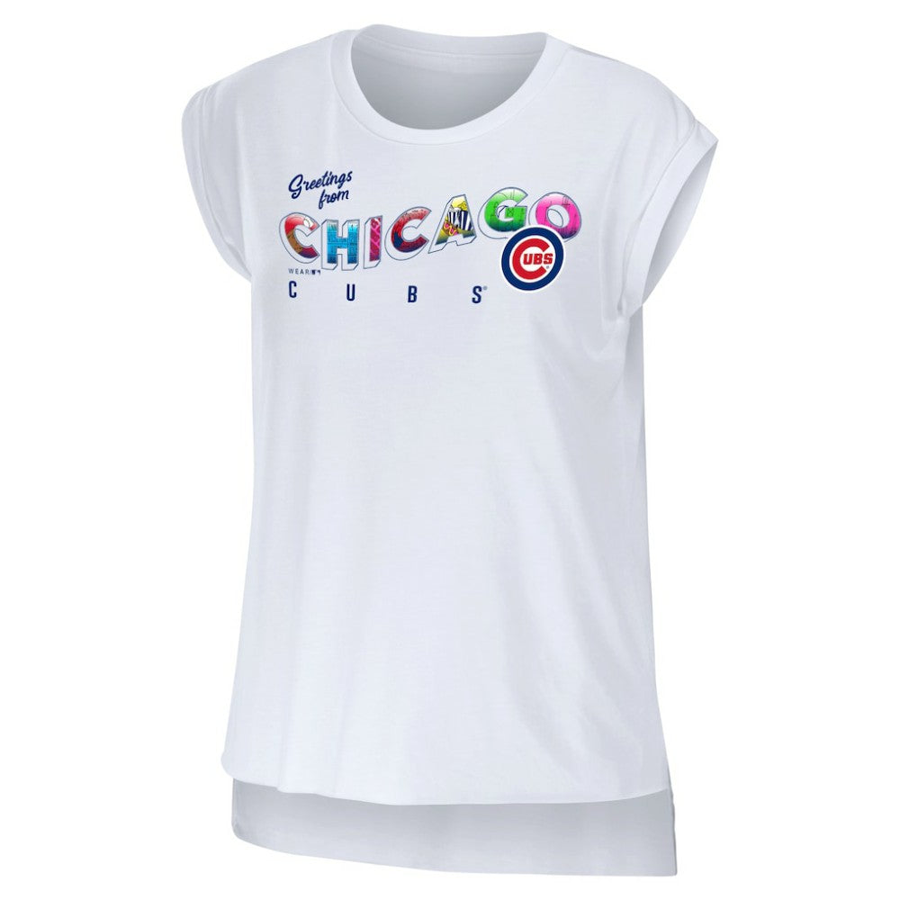 Chicago Cubs WEAR by Erin Andrews Women's Greetings From T-Shirt White