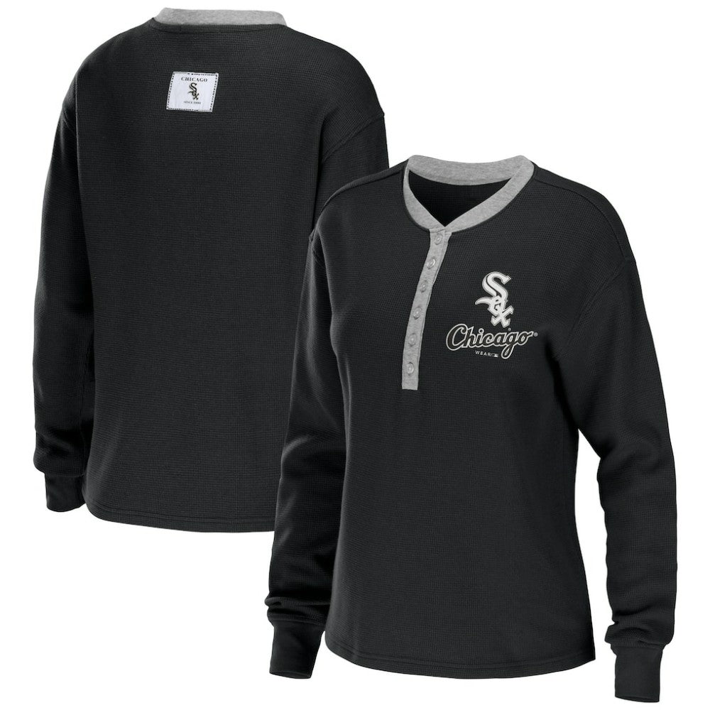 Chicago White Sox WEAR by Erin Andrews Women's Waffle Henley Long Sleeve T-Shirt Black