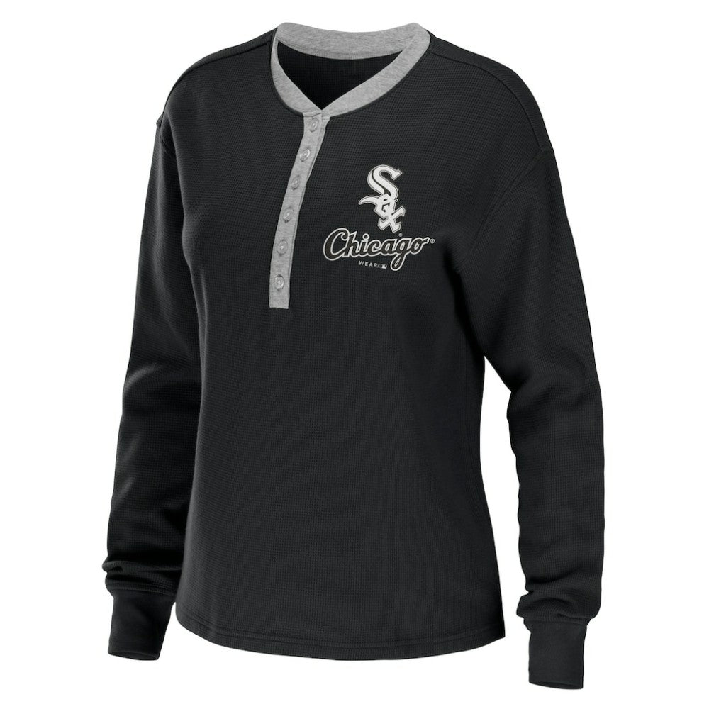 Chicago White Sox WEAR by Erin Andrews Women's Waffle Henley Long Sleeve T-Shirt Black