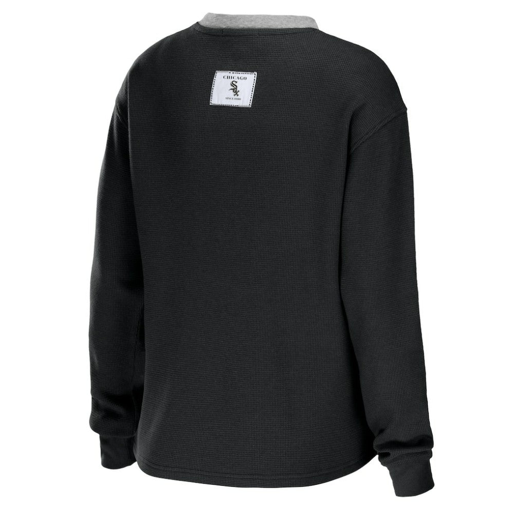 Chicago White Sox WEAR by Erin Andrews Women's Waffle Henley Long Sleeve T-Shirt Black