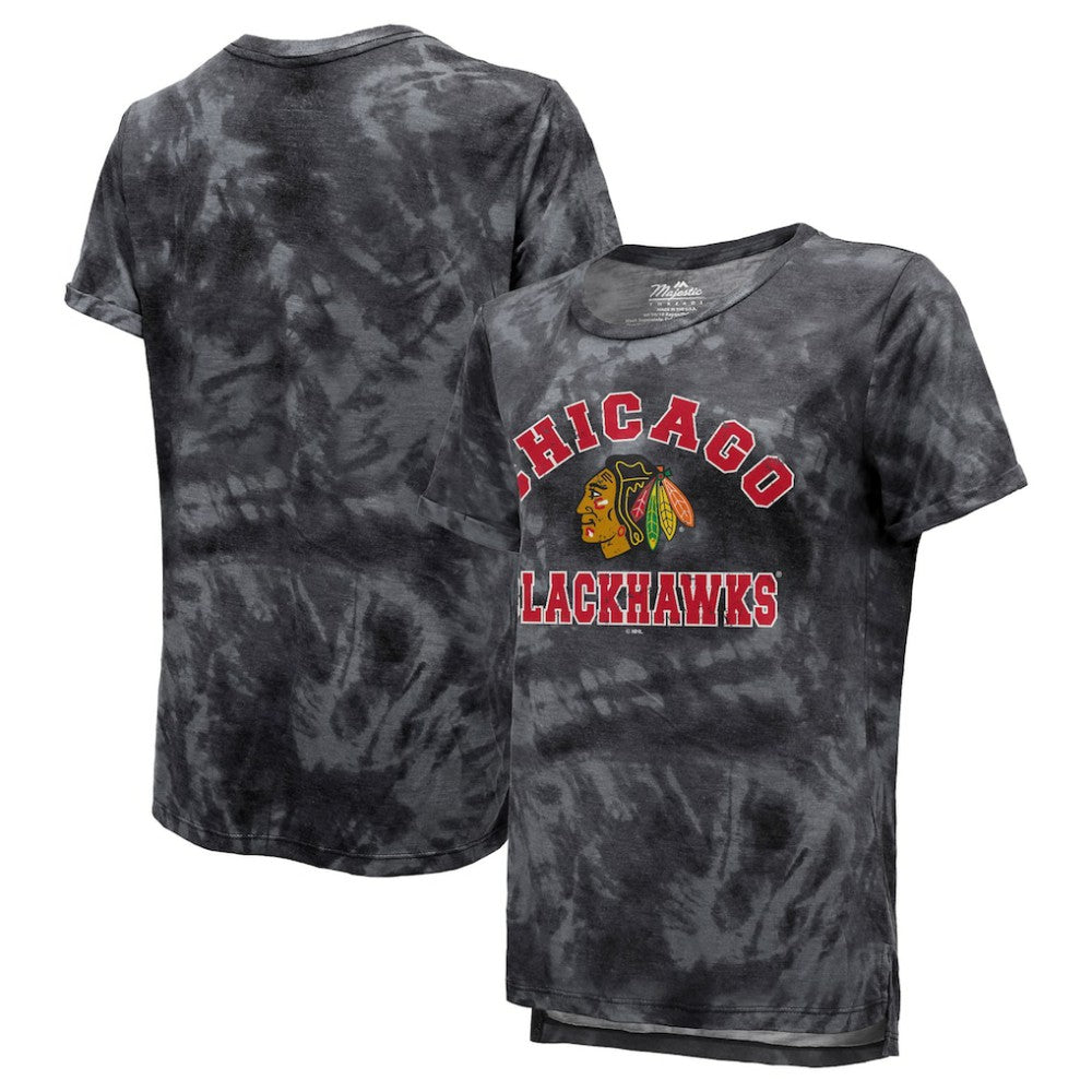 Chicago Blackhawks Majestic Threads Women's Boyfriend Tie-Dye Tri-Blend T-Shirt Black