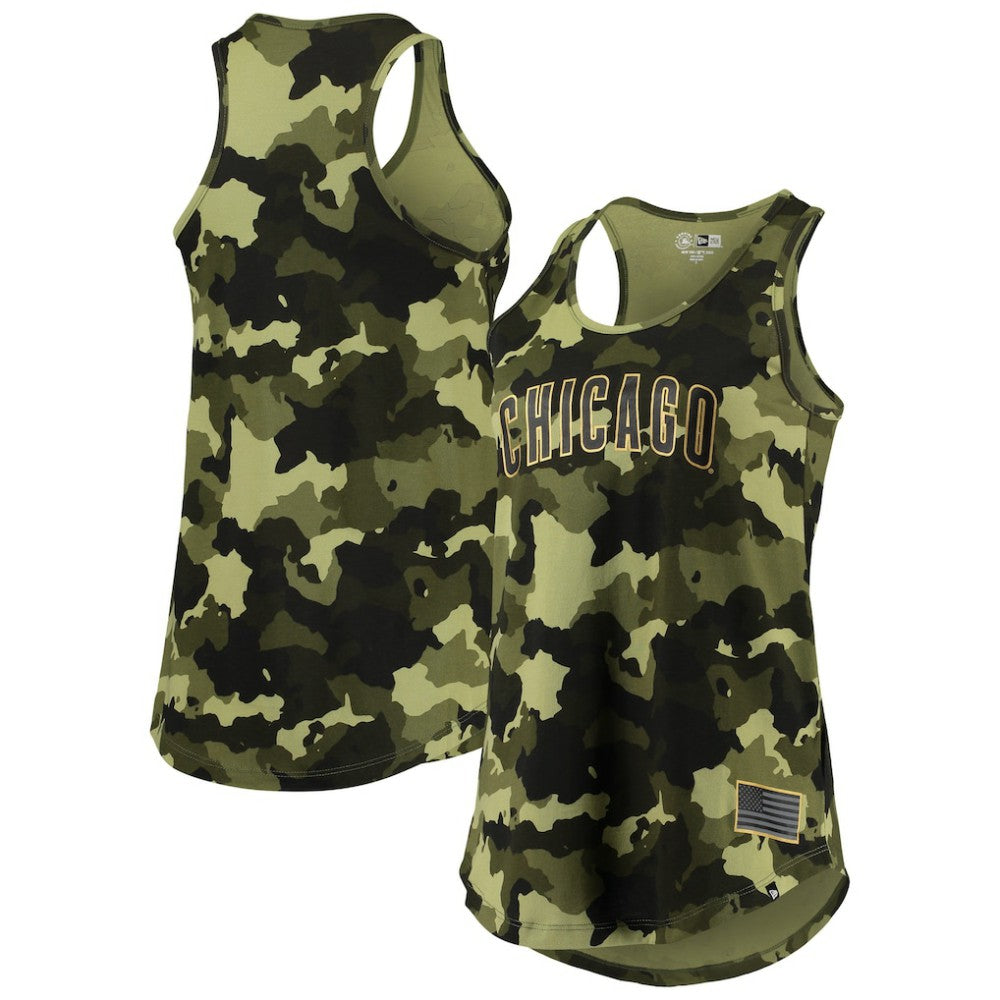Chicago Cubs Women's 2022 MLB Armed Forces Day Camo Racerback Tank Top Green | New Era