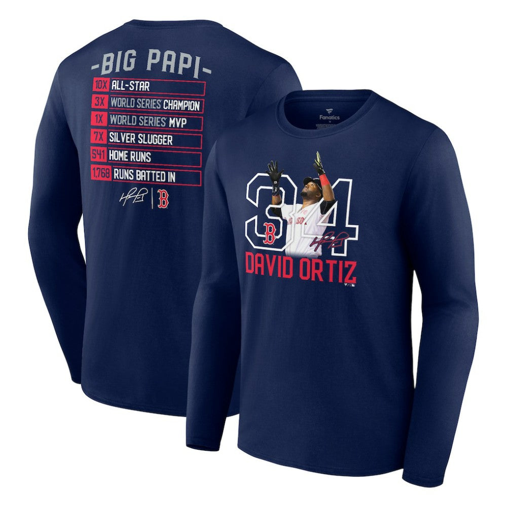 David Ortiz Boston Red Sox Stats Resume Long Sleeve T-Shirt Navy