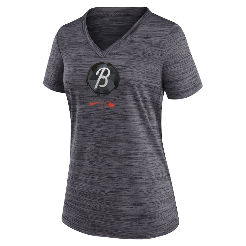 Baltimore Orioles Women's City Connect Velocity Practice Performance V-Neck T-Shirt Black | Nike