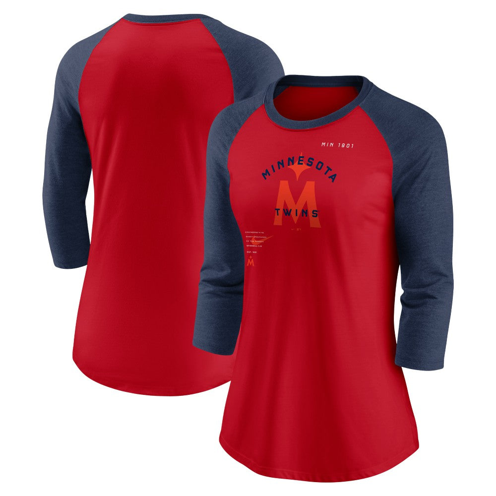 Minnesota Twins Women's Next Up Tri-Blend Raglan 3/4-Sleeve T-Shirt Red/Navy | Nike