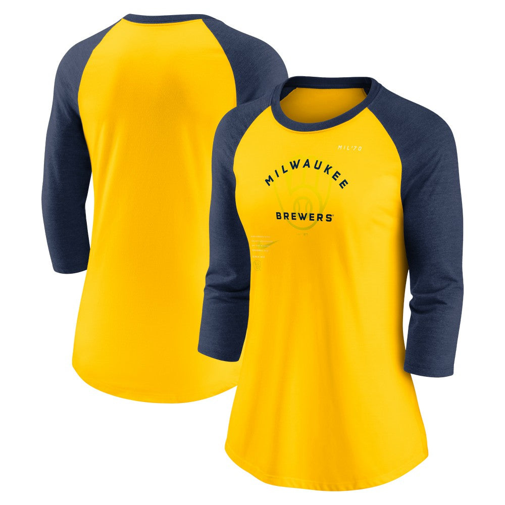 Milwaukee Brewers Women's Next Up Tri-Blend Raglan 3/4-Sleeve T-Shirt Gold/Navy | Nike