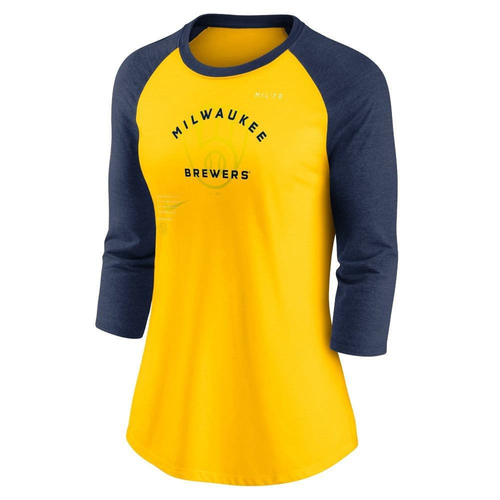Milwaukee Brewers Women's Next Up Tri-Blend Raglan 3/4-Sleeve T-Shirt Gold/Navy | Nike
