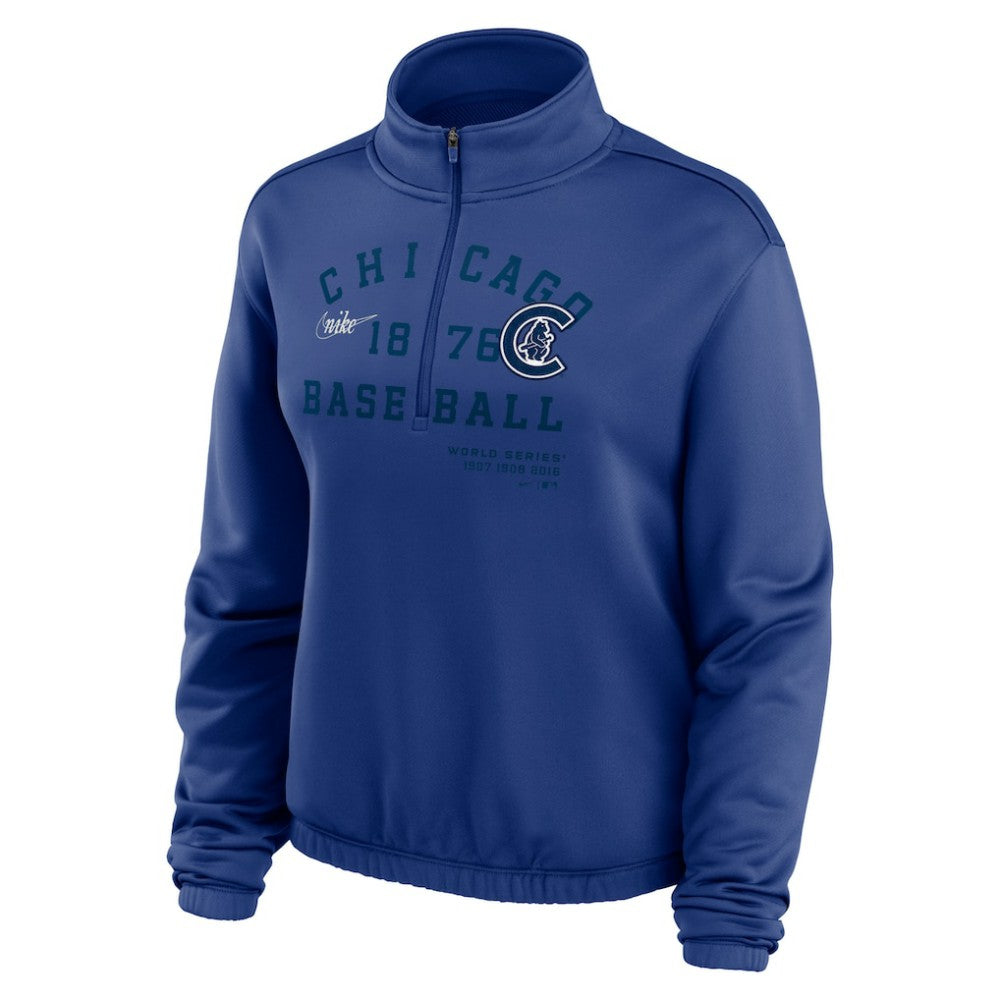 Chicago Cubs Women's Rewind Splice Half-Zip Semi-Cropped Bubble Hem Sweatshirt Royal | Nike