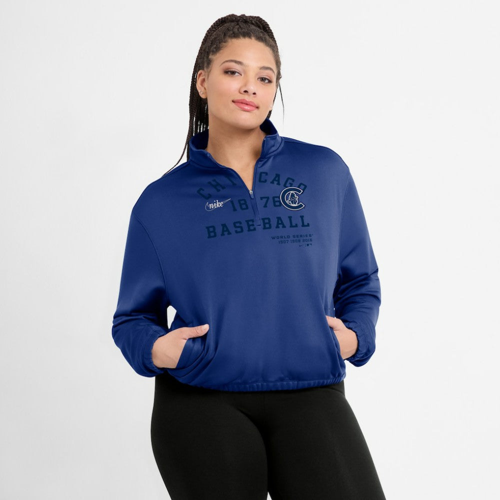 Chicago Cubs Women's Rewind Splice Half-Zip Semi-Cropped Bubble Hem Sweatshirt Royal | Nike
