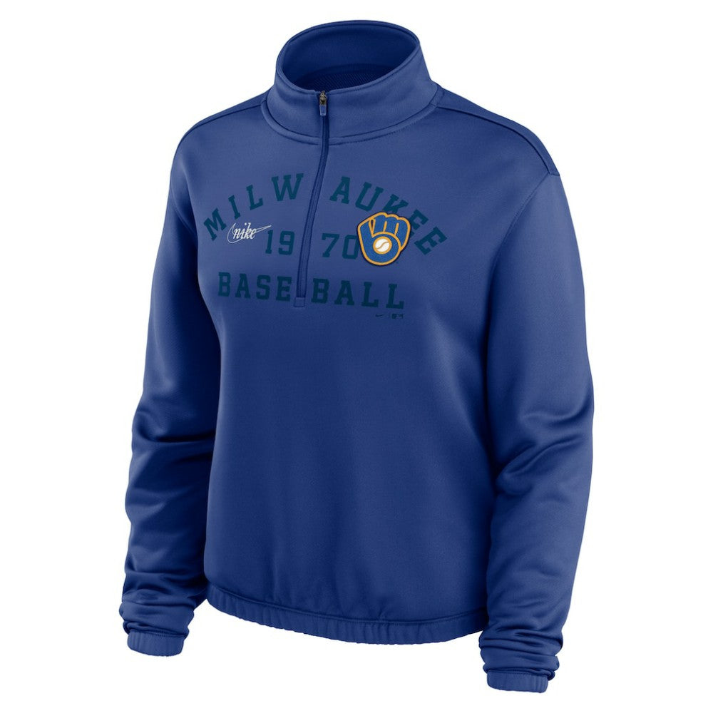 Milwaukee Brewers Women's Rewind Splice Half-Zip Semi-Cropped Bubble Hem Sweatshirt Royal | Nike