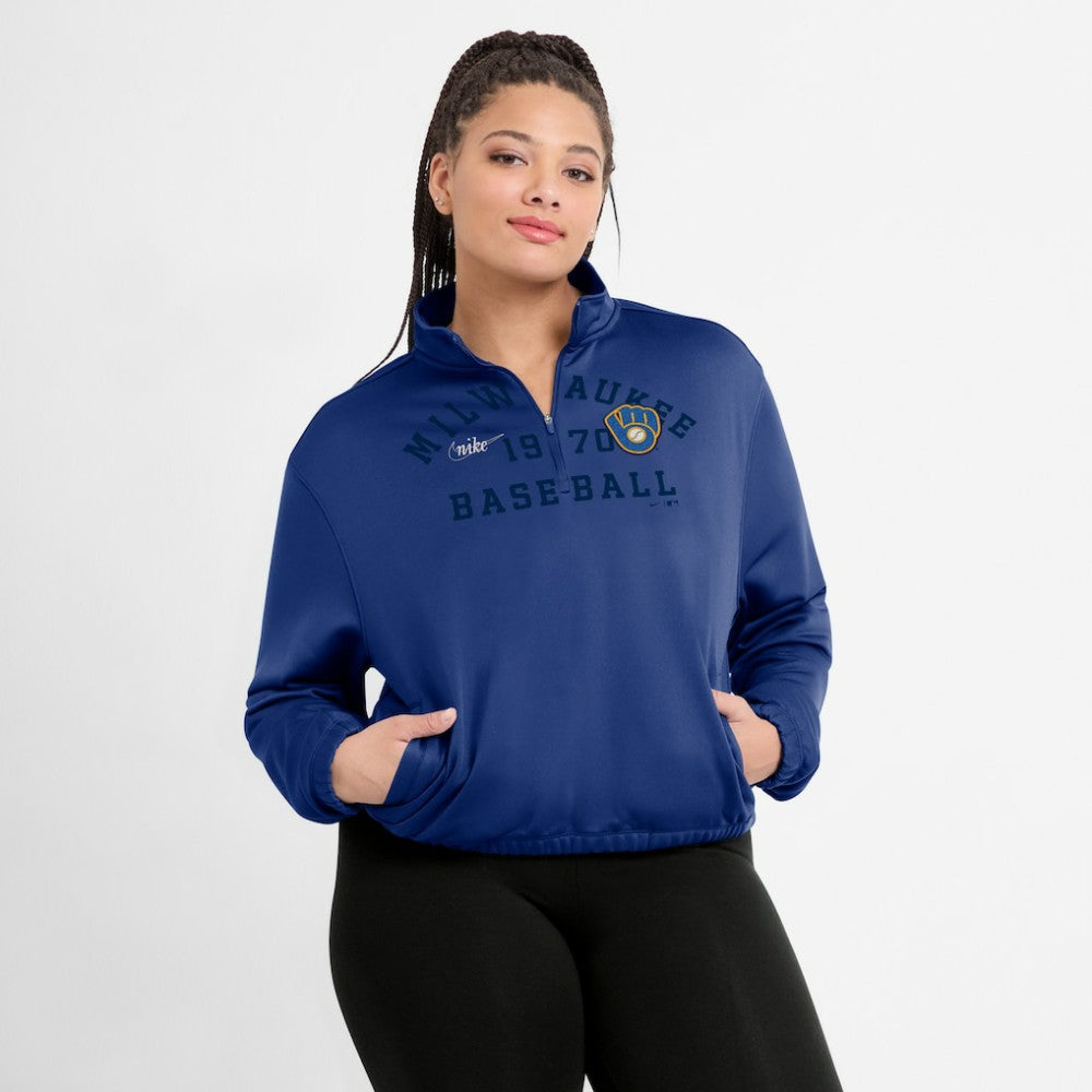 Milwaukee Brewers Women's Rewind Splice Half-Zip Semi-Cropped Bubble Hem Sweatshirt Royal | Nike