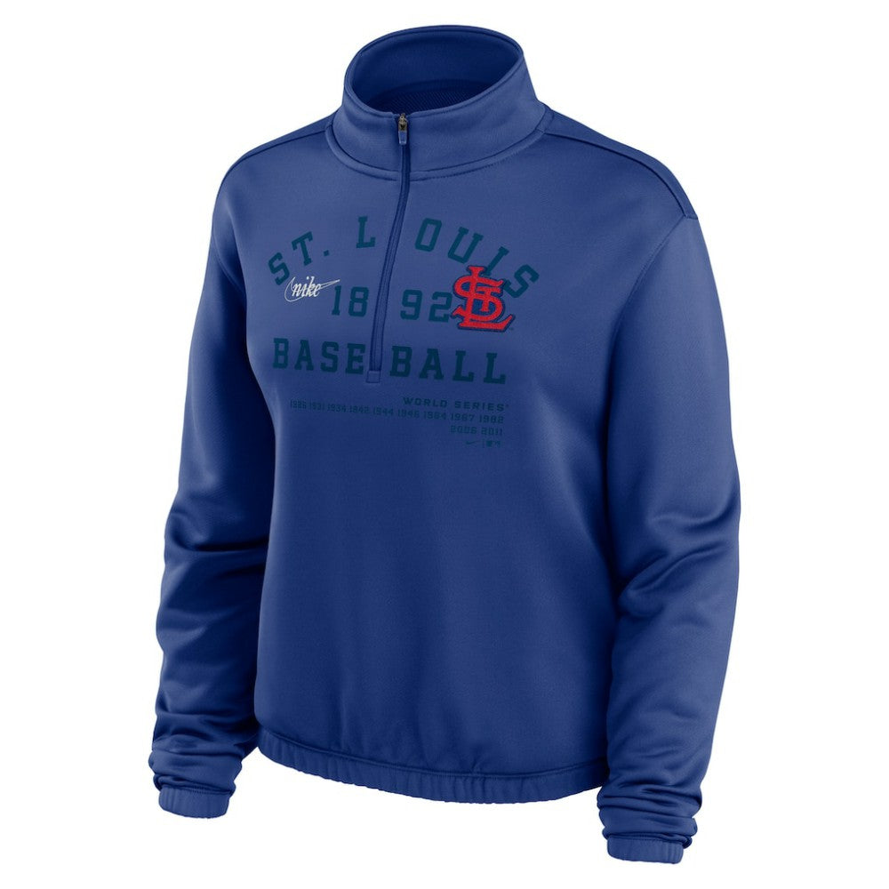 St. Louis Cardinals Women's Rewind Splice Half-Zip Semi-Cropped Bubble Hem Sweatshirt Royal | Nike