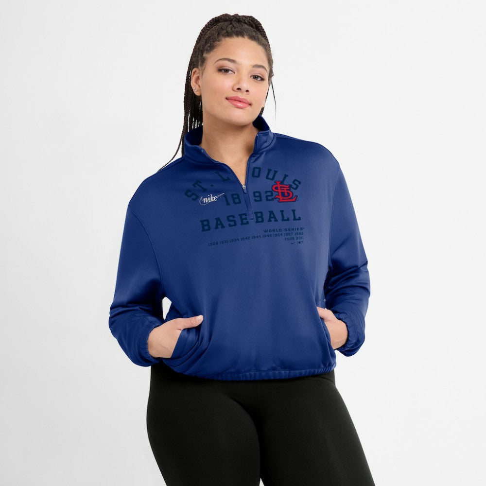 St. Louis Cardinals Women's Rewind Splice Half-Zip Semi-Cropped Bubble Hem Sweatshirt Royal | Nike