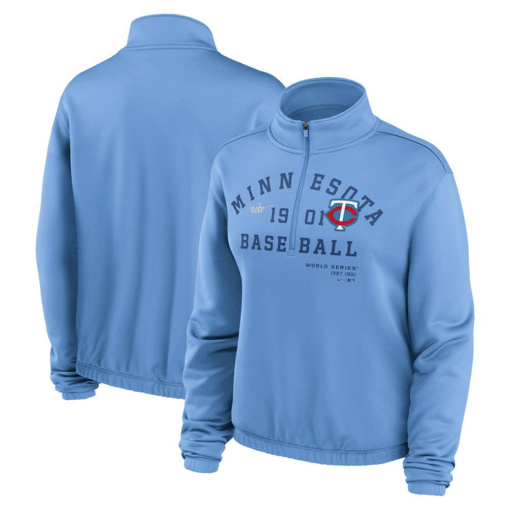 Minnesota Twins Women's Rewind Splice Half-Zip Semi-Cropped Bubble Hem Sweatshirt Light Blue | Nike