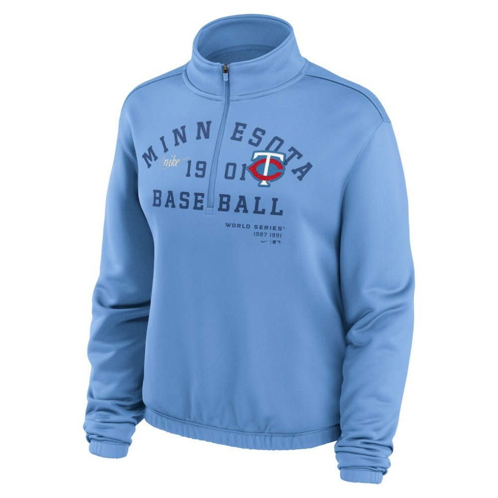 Minnesota Twins Women's Rewind Splice Half-Zip Semi-Cropped Bubble Hem Sweatshirt Light Blue | Nike