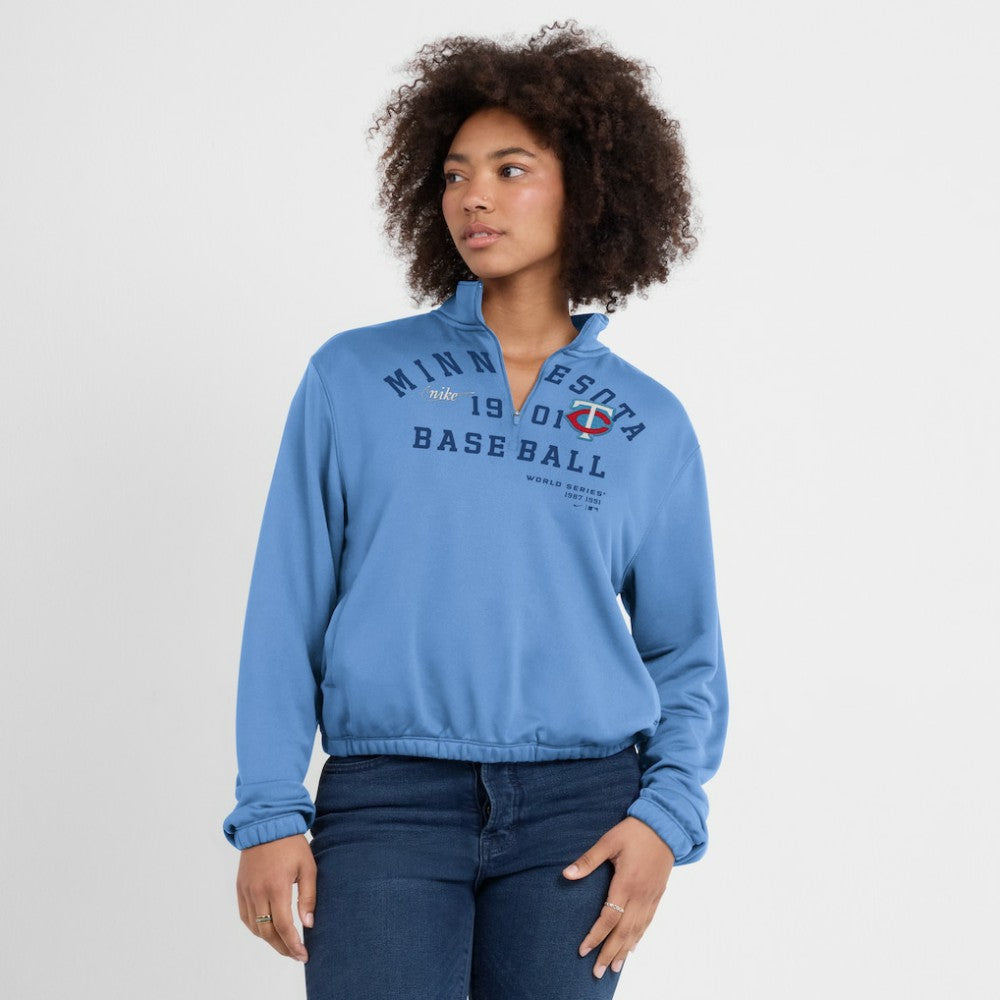 Minnesota Twins Women's Rewind Splice Half-Zip Semi-Cropped Bubble Hem Sweatshirt Light Blue | Nike